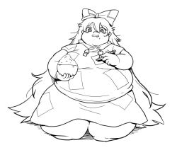 Rule 34 | 1girl, @ @, bow, bowl, breasts, chopsticks, double chin, drooling, fat, food, full body, greyscale, hair between eyes, hair bow, holding, holding bowl, holding chopsticks, hood, hoodie, long hair, looking at viewer, medium breasts, monochrome, nazotyu, obese, open mouth, rice, rice bowl, saliva, seiza, sitting, sketch, skirt, solo, tearing up, touhou, very long hair, weight gain, white background, yorigami shion