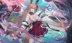 Rule 34 | 1girl, animal ears, armpits, bare shoulders, belt, breasts, brown eyes, brown hair, cleavage, copyright request, cowboy shot, detached collar, detached sleeves, echj, fox ears, fox girl, fox tail, hakama, hakama short skirt, hakama skirt, high-waist skirt, highres, hip vent, holding, holding polearm, holding spear, holding weapon, japanese clothes, large breasts, long hair, looking at viewer, magic, miko, miniskirt, open mouth, outdoors, pleated skirt, polearm, red skirt, skirt, smile, solo, spear, standing, strapless, tail, very long hair, water, weapon, wide sleeves