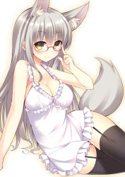 Rule 34 | 1girl, adjusting eyewear, animal ears, arm support, bekotarou, black thighhighs, blush, breasts, cleavage, fox ears, fox tail, frills, garter straps, glasses, large breasts, long hair, looking at viewer, original, silver hair, smile, solo, tail, thighhighs, yellow eyes, zettai ryouiki