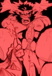 Rule 34 | 2boys, abs, anus, astar (live a hero), bara, blush, chivo (kalchivo), cock ring, colored skin, completely nude, demon boy, erection, fiery horns, flame-tipped tail, forked eyebrows, highres, horns, huge eyebrows, imminent anal, imminent penetration, large pectorals, live a hero, looking at viewer, male focus, mature male, monochrome, monster boy, multiple boys, muscular, muscular male, mutton chops, nipples, nude, ogre, open mouth, pectorals, penis, penis on ass, pointy ears, red skin, red theme, sex toy, solo focus, spread legs, square head, streaked beard, tail, tail grab, torogao, tusks, unfinished, yaoi
