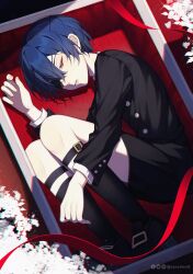 1boy artist_name black_footwear black_jacket black_shorts black_socks blue_hair buttons ciel_phantomhive closed_eyes closed_mouth dark_blue_hair earrings eyepatch facebook_logo fetal_position flower highres instagram_logo jacket jewelry kuroshitsuji male_focus red_ribbon ribbon short_hair shorts socks solo thigh_strap twitter_logo white_flower zerolmw0