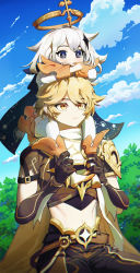 Rule 34 | 1boy, 1girl, absurdres, aether (genshin impact), armor, belt, blonde hair, blue sky, blush, bright pupils, brown gloves, closed mouth, cloud, cloudy sky, constellation, constellation print, dot nose, eyelashes, genshin impact, ghdwid, gloves, grey eyes, hair ornament, halo, head rest, highres, holding another&#039;s foot, holding another&#039;s leg, long eyelashes, medium hair, navel, on shoulder, outdoors, paimon (genshin impact), pauldrons, scarf, shoulder armor, single pauldron, sitting on shoulder, sky, star (symbol), star hair ornament, star print, thighhighs, tree, walking, white hair, white pupils, white thighhighs, yellow eyes
