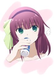 1girl absurdres angel_beats! black_hairband blunt_bangs bow can close-up collarbone commentary disembodied_hand drinking eyes_visible_through_hair green_bow green_eyes hair_bow hairband highres holding holding_can lelie_(lelie_link) light_blush looking_at_viewer medium_hair nakamura_yuri purple_hair red_bull simple_background solo straight_hair white_background wings