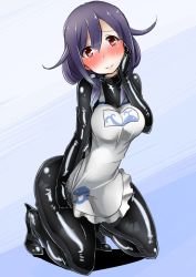 Rule 34 | 10s, 1girl, apron, ayuayu (shouyu no sato), black bodysuit, blush, bodysuit, bodysuit under clothes, high heels, kantai collection, latex, latex suit, looking at viewer, purple hair, red eyes, shiny clothes, smile, solo, taigei (kancolle)