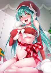 Rule 34 | 1girl, artist name, blush, box, breasts, christmas, christmas tree, dragon girl, covered erect nipples, fang, fate/grand order, fate (series), green hair, kiyohime (fate), large breasts, long hair, looking at viewer, navel, santa costume, santa hat, slit pupils, thighs, underboob, wrapping, yellow eyes