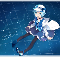 Rule 34 | 1girl, black pantyhose, blue eyes, blue hair, blue theme, full body, glasses, hat, letterboxed, matching hair/eyes, outside border, pantyhose, shion (mamuring), shionty, short hair, sitting, sky, solo, song name, star (sky), starry sky, swept bangs, virgo (constellation)