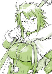 Rule 34 | 10s, 1girl, breasts, cloak, fang, fang out, glasses, green theme, hand on own hip, hood, jewelry, large breasts, log horizon, long sleeves, looking at viewer, monochrome, necklace, roe2 (log horizon), short hair, smile, solo, sweater, ueyama michirou