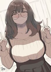 Rule 34 | 1girl, absurdres, black skirt, blush, breasts, brown eyes, brown hair, commentary request, double v, glasses, hadashi no kenji, highres, indoors, large breasts, looking at viewer, mask, original, ribbed shirt, shirt, skirt, solo, upper body, v, white shirt