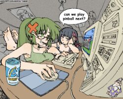 Rule 34 | 2girls, arm support, black hair, breasts, character request, desk, fisheye, green eyes, green hair, grin, hair ornament, half-closed eyes, headset, highres, holding mouse (computer), indoors, internet explorer, joint (drug), leg up, medium breasts, monitor, mouse (computer), mousepad (object), multiple girls, original, pantsu-ripper, personification, perspective, purple eyes, semi-rimless eyewear, smile, soles, toes, windows desktop, windows xp, wizard, x hair ornament