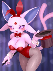 Rule 34 | 1girl, animal ears, awkwa, blush, bow, bowtie, breasts, cleavage, colored sclera, creatures (company), espeon, fake animal ears, female focus, fishnets, forehead jewel, forked tail, furry, furry female, game freak, gen 2 pokemon, hat, highres, holding, nintendo, open mouth, pokemon, pokemon (creature), purple fur, purple sclera, rabbit ears, solo, tail, top hat, white eyes