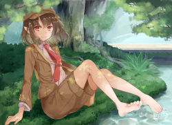 Rule 34 | 1girl, bag, bare legs, barefoot, brown hair, brown headwear, brown jacket, brown shorts, cabbie hat, closed mouth, commentary request, day, feet, flat cap, forest, grass, happy, hat, highres, jacket, kisaragi yuri, lake, long sleeves, looking at viewer, nature, necktie, no wings, outdoors, pointy ears, red necktie, shameimaru aya, shameimaru aya (newsboy), short hair, shorts, shoulder bag, sitting, smile, soles, suit jacket, tie clip, toes, touhou, tree, water