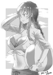 Rule 34 | 1girl, absurdres, attyon, ball, beachball, bikini, bikini top only, braid, breasts, cleavage, cloud, commentary request, dated, greyscale, highres, kantai collection, looking to the side, midriff, monochrome, noshiro (kancolle), scrunchie, shirt, signature, solo, swept bangs, swimsuit, tied shirt, twin braids, upper body