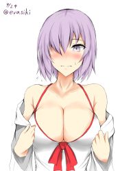 Rule 34 | 1girl, bare pectorals, bare shoulders, blush, breasts, cleavage, dated, evasiki, fate/grand order, fate (series), flying sweatdrops, hair over one eye, highres, isshii13, large breasts, mash kyrielight, official alternate costume, pectorals, purple eyes, purple hair, simple background, solo, sweatdrop, twitter username, white background
