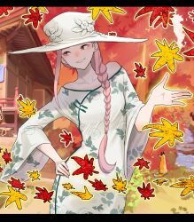 Rule 34 | 1girl, absurdres, animal print, autumn, braid, braided ponytail, collarbone, cowboy shot, dress, fish print, fox, goldfish print, hand on own hip, hat, head tilt, highres, ishizuka chihiro, leaf, letterboxed, long hair, looking to the side, original, outdoors, pink hair, red eyes, smile, solo, standing, very long hair, white dress, white hat, wide sleeves