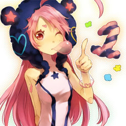 Rule 34 | 1girl, ahoge, blowing bubbles, chewing gum, doll, face, hood, hoodie, long hair, one eye closed, pink hair, red eyes, reika (clovia studio), sf-a2 miki, solo, vocaloid, wink