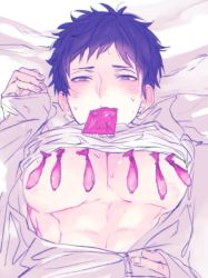 Rule 34 | 1boy, blush, clothes lift, colored condom, condom, condom in mouth, condom wrapper, looking down, male focus, mouth hold, multiple condoms, nipples, pectorals, rollermet, shirt lift, solo, upper body, used condom
