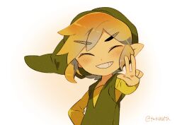 Rule 34 | 1boy, artist name, blonde hair, closed eyes, commentary, commentary request, green headwear, grin, link, looking at viewer, male focus, nintendo, pointy ears, smile, the legend of zelda, the legend of zelda: the wind waker, tokuura, toon link, v, v-shaped eyebrows, white background