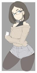 Rule 34 | 1girl, bare shoulders, black pantyhose, blue eyes, breasts, brown hair, brown sweater, cellphone, closed mouth, collarbone, crossed arms, denim, denim shorts, earrings, expressionless, eyebrows, flat color, glasses, highres, holding, holding phone, ina (gokihoihoi), jewelry, looking at viewer, off-shoulder sweater, off shoulder, original, pantyhose, parted bangs, phone, short hair, shorts, small breasts, smartphone, solo, sweater
