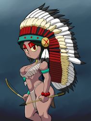 Rule 34 | 1girl, arrow (projectile), bow (weapon), breasts, buffalo wing, cleavage, crop top, curvy, feather hair ornament, gluteal fold, green eyes, hair ornament, highres, large breasts, loincloth, long gone gulch, looking at viewer, makeup, midriff, native american, navel, red eyes, solo, tansau, thick thighs, thighs, weapon