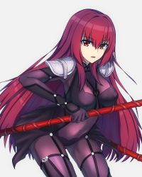 Rule 34 | armor, bodysuit, breasts, covered navel, elfenlied22, fate/grand order, fate (series), gae bolg (fate), highres, holding, holding weapon, large breasts, long hair, looking at viewer, pauldrons, polearm, purple bodysuit, purple hair, red eyes, scathach (fate), shoulder armor, solo, spear, very long hair, weapon