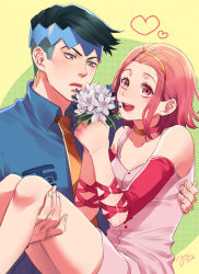 Rule 34 | 1boy, 1girl, arm warmers, bad id, bad pixiv id, black hair, breasts, carrying, choker, cleavage, dress, earrings, flower, green eyes, hairband, headband, heart, highres, holding, holding flower, jewelry, jojo no kimyou na bouken, kishibe rohan, necktie, noriuma, open mouth, pink dress, pink eyes, pink hair, princess carry, round teeth, signature, small breasts, smile, sugimoto reimi, teeth