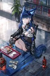 Rule 34 | 1girl, absurdres, alcohol, animal ears, arm warmers, black gloves, black shirt, blue hair, blue skirt, blunt bangs, bottle, braid, burger, chair, coin, commentary request, covered navel, ear piercing, earrings, extra ears, food, gawako, glass bottle, gloves, highres, holding, holding bottle, jewelry, knees up, long hair, looking at viewer, money, necklace, original, piercing, plant, potted plant, shirt, shoes, sitting, skirt, socks, solo, table, tail, tray, white footwear, white shirt, yellow eyes