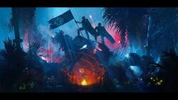 Rule 34 | 4boys, absurdres, bullet hole, campfire, cape, flag, flagpole, flare, glowing, helldiver (helldivers), helldivers (series), helmet, highres, holding, holding flag, lionel schramm, mecha, multiple boys, outdoors, robot, scenery, sitting, standing, teapot, tree, wide shot