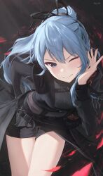 Rule 34 | 1girl, absurdres, belt, bent over, black background, black belt, black gloves, black shorts, bliss htt, blue eyes, blue hair, breasts, closed mouth, falling petals, gloves, hand on own hip, high ponytail, highres, hololive, hoshimachi suisei, hoshimachi suisei (shout in crisis), leaning forward, long sleeves, looking at viewer, official alternate costume, official alternate hairstyle, one eye closed, petals, short shorts, shorts, single glove, small breasts, smile, solo, star (symbol), star in eye, symbol in eye, thighs, v-shaped eyebrows, virtual youtuber