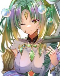 Rule 34 | 1girl, blonde hair, breasts, bubble, chest jewel, closed mouth, commentary, dress, english commentary, fire emblem, fire emblem heroes, forehead, forehead jewel, gradient hair, green hair, heidr (fire emblem), highres, holding, holding weapon, large breasts, long hair, looking at viewer, multicolored hair, nintendo, novembertimex, one eye closed, parted bangs, simple background, smile, solo, twintails, two-tone hair, weapon, white background, white dress, yellow eyes