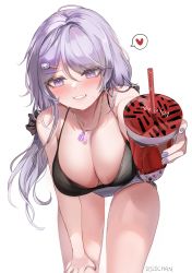 Rule 34 | 1girl, absurdres, artist name, bare arms, black shirt, blush, breasts, cat hair ornament, check copyright, cleavage, commentary, copyright request, cowboy shot, cup, disposable cup, dolechan, drink, hair between eyes, hair ornament, hairclip, hand on own thigh, heart, highres, holding, holding drink, jewelry, large breasts, leaning forward, long hair, looking at viewer, nail polish, necklace, original, parted lips, purple eyes, purple hair, purple nails, shirt, sidelocks, simple background, sleeveless, sleeveless shirt, smile, solo, spaghetti strap, spoken heart, sweat, sweatdrop, swept bangs, symbol-only commentary, tank top, thighs, white background