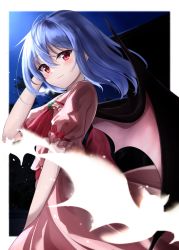 Rule 34 | 1girl, absurdres, bat wings, blue hair, blush, border, dress, hand up, highres, hoshikage syo, looking at viewer, night, night sky, no headwear, puffy short sleeves, puffy sleeves, remilia scarlet, short sleeves, sky, smile, solo, touhou, white border, wings