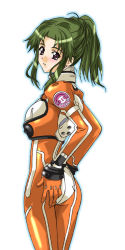 Rule 34 | 00s, 1girl, ass, bodysuit, brown eyes, green hair, hands on own hips, kayama akira, long hair, looking back, mikage nao, orange shirt, ponytail, shirt, simple background, solo, uchuu no stellvia, white background
