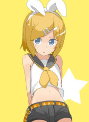 Rule 34 | 1girl, aqua eyes, arms behind back, bad id, bad pixiv id, bare shoulders, belt, blonde hair, child, flat chest, hair ornament, hair ribbon, hairclip, kagamine rin, looking at viewer, midriff, navel, open mouth, ribbon, sailor collar, short hair, shorts, simple background, solo, tamakorogashi, vocaloid, yellow background