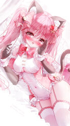 Rule 34 | 1girl, absurdres, animal ear fluff, animal ears, bare shoulders, black gloves, bow, breasts, cat ears, cat girl, cat tail, cleavage, clothing cutout, covered navel, cowboy shot, curtains, detached sleeves, elbow gloves, frilled pillow, frills, garter straps, gloves, hair bow, heart, heart-shaped pillow, heart tail, highres, leotard, long hair, lying, medium breasts, on side, original, pillow, pink bow, pink sleeves, puffy short sleeves, puffy sleeves, red bow, short sleeves, solo, tail, tail bow, tail ornament, tandohark, thighhighs, underboob, underboob cutout, very long hair, white bow, white leotard, white thighhighs