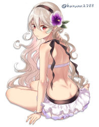 Rule 34 | 1girl, ass, barefoot, bikini, black hairband, butt crack, closed mouth, corrin (female) (fire emblem), corrin (female) (summer) (fire emblem), corrin (fire emblem), dimples of venus, duplicate, female focus, fire emblem, fire emblem fates, fire emblem heroes, flower, frilled bikini, frills, from behind, hair flower, hair ornament, hairband, haru (nakajou-28), long hair, looking at viewer, looking back, nintendo, official alternate costume, red eyes, simple background, sitting, solo, swimsuit, twitter username, white background, white hair