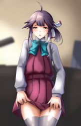 Rule 34 | 1girl, :o, ahoge, blunt bangs, blurry, blurry background, blush, bow, bowtie, collared shirt, commentary request, eyebrows hidden by hair, flying sweatdrops, furrowed brow, green bow, green bowtie, grey thighhighs, half-closed eyes, hayanami (kancolle), kantai collection, long sleeves, looking at viewer, medium hair, ootori subaru, open mouth, parted bangs, purple hair, seamed legwear, shirt, side-seamed legwear, solo, thigh gap, thighhighs, wing collar, yellow eyes