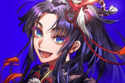 Rule 34 | 1girl, :d, blue background, blue eyes, china dress, chinese clothes, dress, eyelashes, fate/grand order, fate (series), hair ornament, long hair, looking at viewer, open mouth, parted bangs, ponytail, portrait, simple background, smile, solo, tassel, tenobe, ushiwakamaru (fate), ushiwakamaru (swimsuit assassin) (third ascension) (fate)