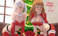 Rule 34 | 2girls, black clover, breasts, christmas, cleavage, earrings, green eyes, jewelry, large breasts, long hair, mimosa vermillion, multiple girls, noelle silva, orange hair, pink eyes, revealing clothes, silver hair, thighhighs, twintails