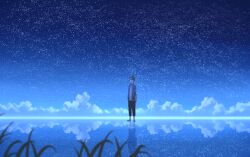 Rule 34 | 1boy, anyotete, barefoot, black hair, blurry, cloud, commentary, depth of field, english commentary, grass, highres, horizon, night, night sky, open clothes, original, outdoors, reflective floor, scenery, shirt, short hair, sky, solo, standing, star (sky), starry sky, white shirt, wide shot
