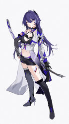 Rule 34 | 1girl, absurdres, acheron (honkai: star rail), black choker, black footwear, black gloves, boots, choker, coat, commentary, elbow gloves, full body, gloves, grey background, halterneck, high heel boots, high heels, highres, honkai: star rail, honkai (series), katana, leg tattoo, long hair, looking at viewer, midriff, multicolored hair, navel, purple eyes, purple hair, s 4ik4, scabbard, sheath, sheathed, simple background, single bare shoulder, solo, standing, stomach, streaked hair, sword, tattoo, thigh boots, very long hair, weapon, white coat, white hair