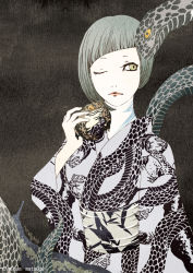 Rule 34 | 1girl, animal, animal print, artist name, black background, commentary request, copyright notice, grey hair, holding, holding animal, japanese clothes, kimono, lips, megumi matsuda, muted color, one eye closed, original, sash, short hair, simple background, slug, snake, solo, toad (animal), unmoving pattern