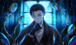 Rule 34 | 1boy, azisaiharumaki56, black bow, black bowtie, black gloves, black hair, black jacket, blue eyes, blue jacket, bow, bowtie, collared shirt, fate/grand order, fate (series), formal, gloves, highres, jacket, long sleeves, looking at viewer, male focus, neckwear request, one eye closed, sherlock holmes (fate), shirt, short hair, solo, suit, tenyo0819, white shirt