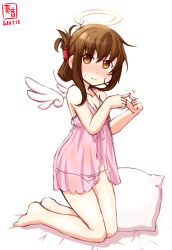 Rule 34 | 1girl, alternate costume, angel wings, artist logo, babydoll, barefoot, bed, breasts, brown eyes, brown hair, commentary request, dated, fingers together, folded ponytail, full body, halo, highres, inazuma (kancolle), index fingers together, kanon (kurogane knights), kantai collection, kneeling, long hair, looking at viewer, panties, pillow, pink panties, revision, simple background, small breasts, solo, underwear, white background, wings