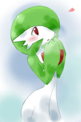 Rule 34 | 1girl, blue background, blush, creatures (company), game freak, gardevoir, gen 3 pokemon, green hair, hair over one eye, heart, looking up, nintendo, open mouth, own hands together, pokemon, pokemon (creature), pokemon rse, red eyes, short hair, simple background, solo, standing, yu yun