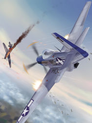 Rule 34 | above clouds, aerial battle, aircraft, airplane, battle, bf 109, burning, cloud, cockpit, dogfight, escort fighter, firing, highres, no humans, p-51 mustang, propeller, sky, vehicle focus, zuotian de yu