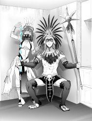 Rule 34 | 1boy, 1girl, braid, facepaint, fate/grand order, fate (series), greyscale, headdress, high collar, highres, holding, holding polearm, holding weapon, holding whip, kishida mel (character), meme, monochrome, parody, pelvic curtain, photo-referenced, polearm, sandals, skull, spot color, squatting, syatey, tenochtitlan (fate), tenochtitlan (first ascension) (fate), tezcatlipoca (fate), tezcatlipoca (third ascension) (fate), twin braids, v, weapon