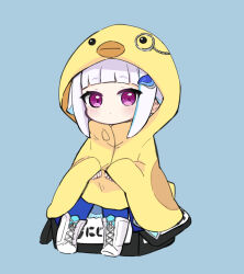 Rule 34 | 1girl, bird hood, blue background, blue hair, blue pantyhose, blush, boots, chibi, closed mouth, commentary, cross-laced footwear, full body, grey hair, hair ornament, highres, hood, hood up, hooded jacket, jacket, lace-up boots, lize helesta, long sleeves, looking at viewer, monocle, multicolored hair, nijisanji, nozo (hitomiz), pantyhose, purple eyes, sebastian piyodore, sidelocks, simple background, sitting, sleeves past wrists, solo, streaked hair, virtual youtuber, white footwear, yellow jacket