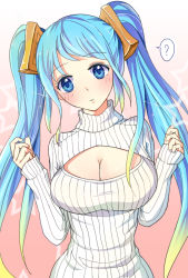 Rule 34 | 1girl, ?, amiemie, blonde hair, blue eyes, blue hair, blush, breasts, cleavage, cleavage cutout, clothing cutout, gradient hair, highres, large breasts, league of legends, long hair, looking at viewer, matching hair/eyes, meme attire, multicolored hair, open-chest sweater, ribbed sweater, solo, sona (league of legends), sweater, turtleneck, twintails, white background