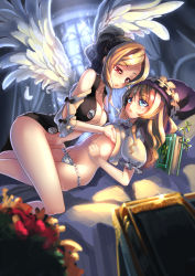 Rule 34 | 2girls, amoretta virgine, bed, black bow, black hair, black shirt, blonde hair, blue eyes, blush, book, bottomless, bow, bowtie, breasts, buttons, character request, cleavage, clothes lift, collarbone, couple, curtains, dutch angle, eye contact, eyebrows, feathered wings, feathers, frilled sleeves, frills, grabbing, grabbing another&#039;s breast, grimgrimoire, hat, highres, hm (hmongt), indoors, kneeling, large breasts, legs together, lens flare, lifting another&#039;s clothes, lillet blan, long hair, looking at another, lying, multicolored hair, multiple girls, navel, no pants, on back, on bed, open clothes, open mouth, open shirt, panties, plant, ponytail, puffy short sleeves, puffy sleeves, purple bow, purple bowtie, purple hat, red eyes, ribbon trim, saliva, shade, shirt, shirt lift, short sleeves, stomach, swept bangs, underwear, vines, white panties, white shirt, white wings, window, wings, yuri