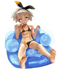 Rule 34 | 1girl, abs, barefoot, bea (pokemon), bikini, black bikini, black hairband, blonde hair, blue eyes, bow hairband, collarbone, commentary request, creatures (company), eating, eyelashes, floral print, food, foreshortening, full body, game freak, hairband, hands up, highres, holding, holding stick, inflatable chair, knees, looking at viewer, navel, nintendo, okken, pokemon, pokemon swsh, popsicle, short hair, sitting, soles, solo, stick, swimsuit, toes, toned, toned female
